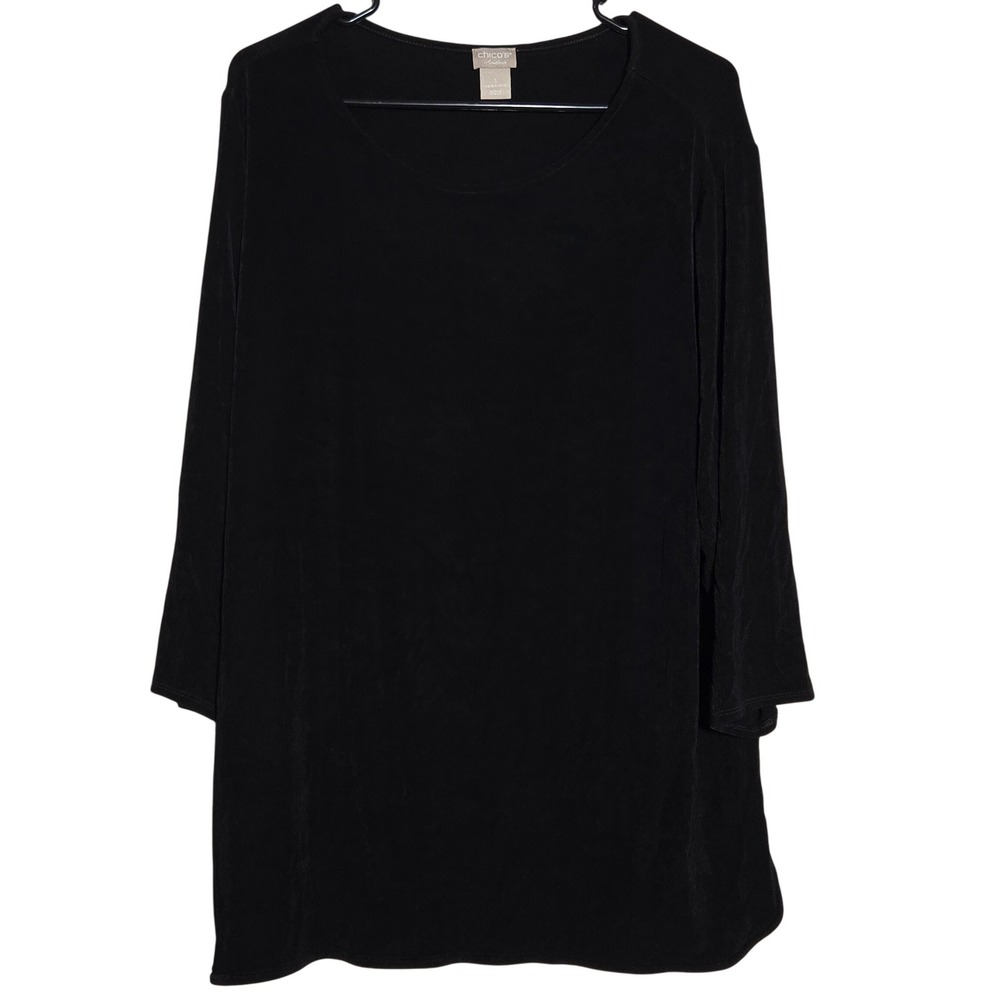 Chicos Travelers Black Slinky Knit Tunic Top Chicos 3 US XL 16/18 Stretch Office